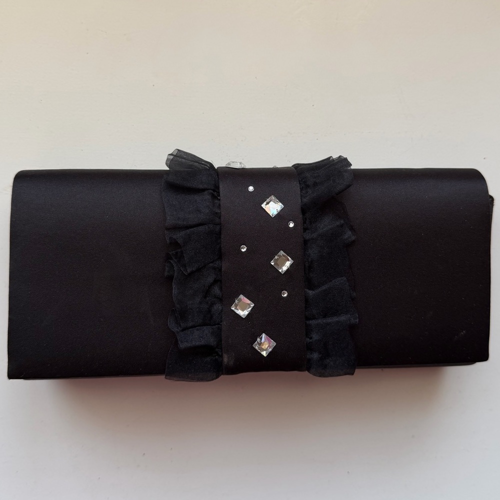 Nina Vintage Y2K Black Satin Clutch Evening Bag Rhinestone Detail EUC